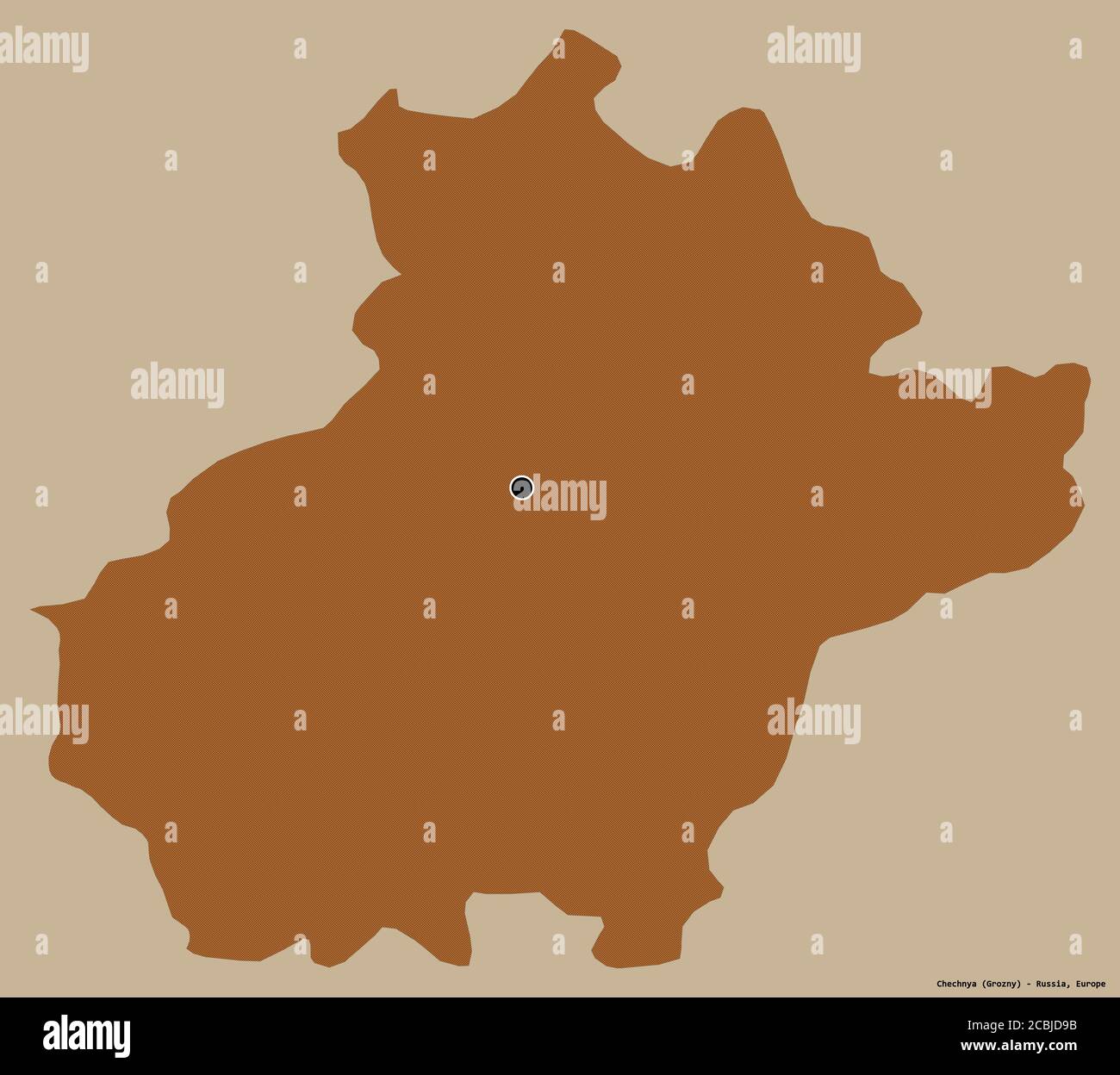 Forma della Cecenia, repubblica di Russia, con la sua capitale isolata su uno sfondo di colore pieno. Composizione di texture con motivi. Rendering 3D Foto Stock