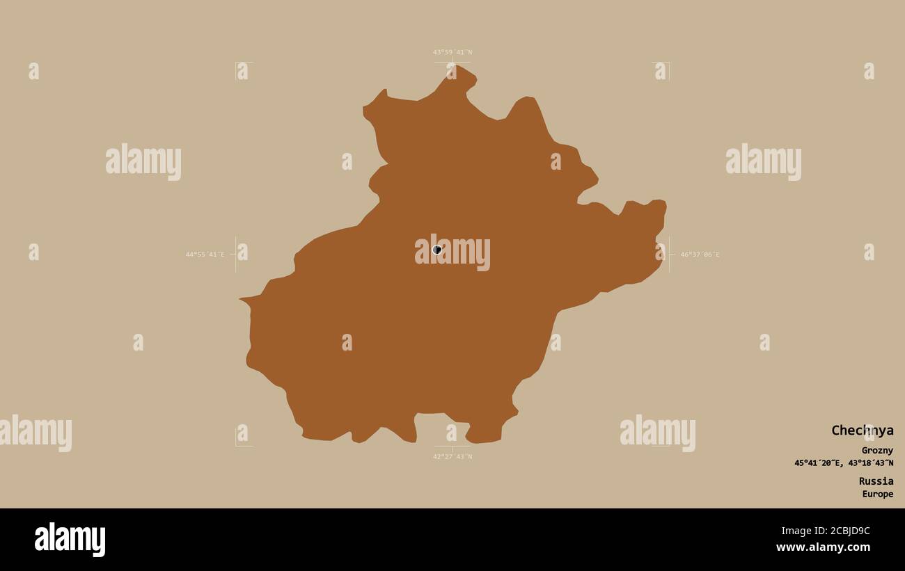 Area della Cecenia, repubblica di Russia, isolata su un solido sfondo in una scatola di delimitazione georeferenziata. Etichette. Composizione di texture con motivi. Re 3D Foto Stock