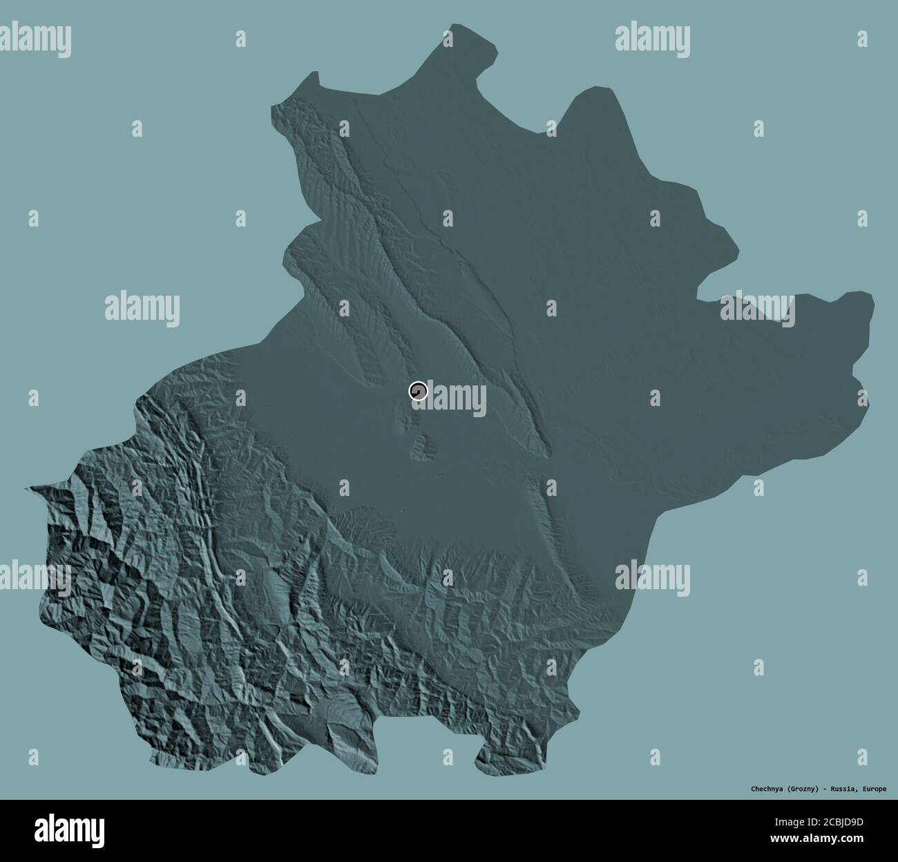 Forma della Cecenia, repubblica di Russia, con la sua capitale isolata su uno sfondo di colore pieno. Mappa di elevazione colorata. Rendering 3D Foto Stock