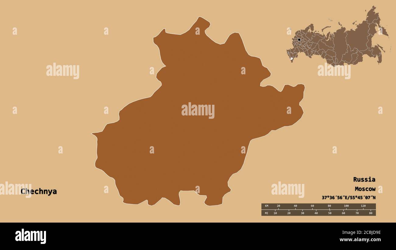 Forma della Cecenia, repubblica di Russia, con la sua capitale isolata su solido sfondo. Scala della distanza, anteprima della regione ed etichette. Composizione di regula Foto Stock