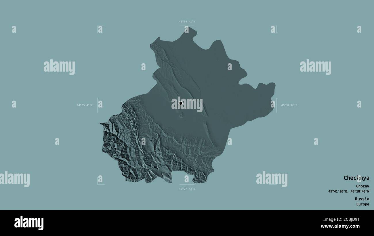 Area della Cecenia, repubblica di Russia, isolata su un solido sfondo in una scatola di delimitazione georeferenziata. Etichette. Mappa di elevazione colorata. Rendering 3D Foto Stock