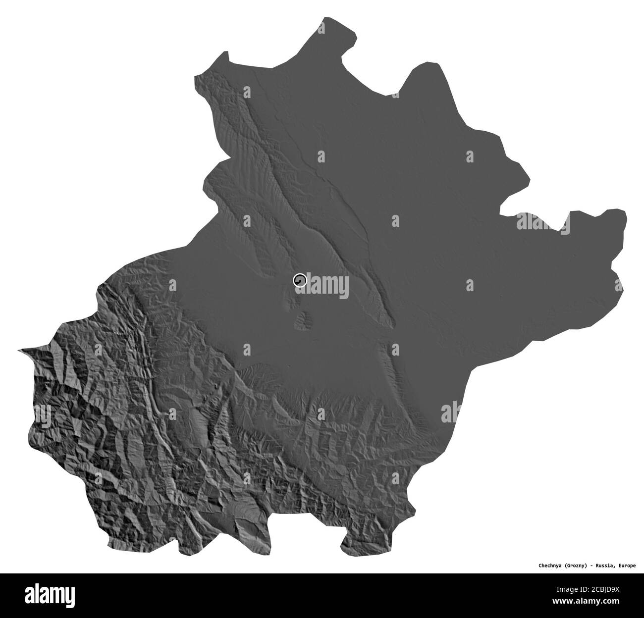 Forma della Cecenia, repubblica di Russia, con la sua capitale isolata su sfondo bianco. Mappa elevazione bilivello. Rendering 3D Foto Stock