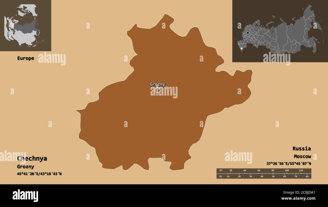 Forma della Cecenia, della repubblica di Russia e della sua capitale. Scala della distanza, anteprime ed etichette. Composizione di texture regolarmente modellate. Rendering 3D Foto Stock