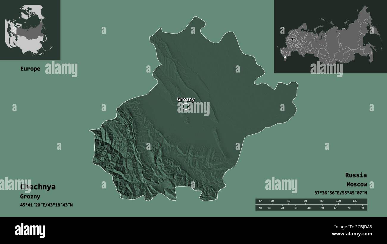 Forma della Cecenia, della repubblica di Russia e della sua capitale. Scala della distanza, anteprime ed etichette. Mappa di elevazione colorata. Rendering 3D Foto Stock
