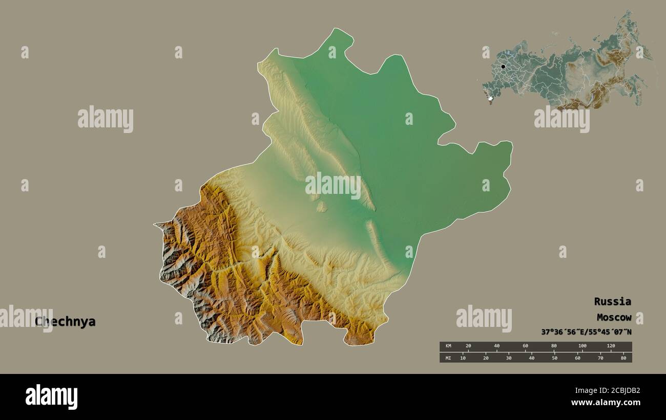 Forma della Cecenia, repubblica di Russia, con la sua capitale isolata su solido sfondo. Scala della distanza, anteprima della regione ed etichette. Scarico topografico ma Foto Stock