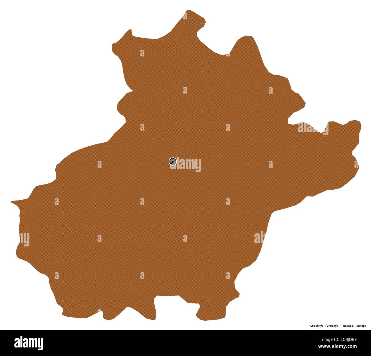 Forma della Cecenia, repubblica di Russia, con la sua capitale isolata su sfondo bianco. Composizione di texture con motivi. Rendering 3D Foto Stock