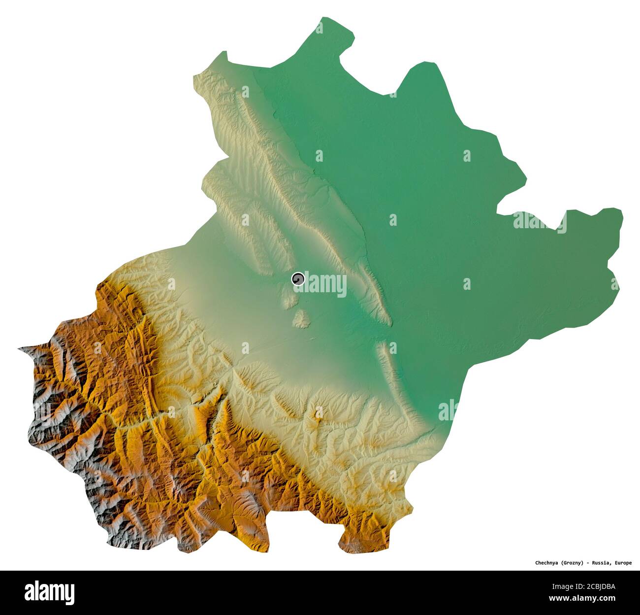 Forma della Cecenia, repubblica di Russia, con la sua capitale isolata su sfondo bianco. Mappa di rilievo topografico. Rendering 3D Foto Stock