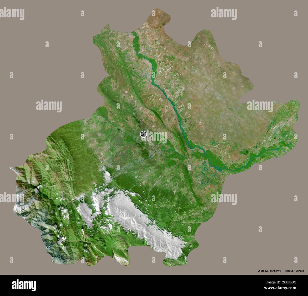 Forma della Cecenia, repubblica di Russia, con la sua capitale isolata su uno sfondo di colore pieno. Immagini satellitari. Rendering 3D Foto Stock