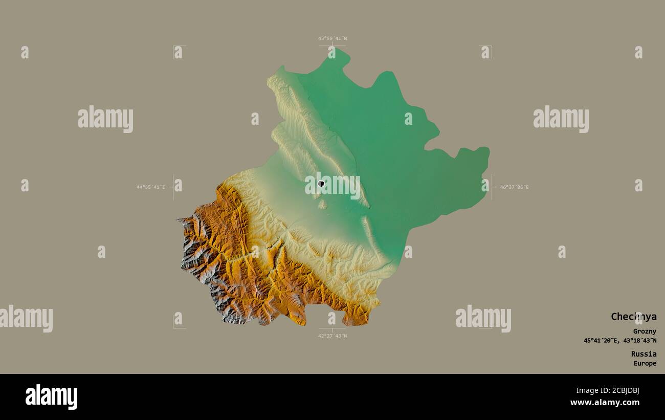 Area della Cecenia, repubblica di Russia, isolata su un solido sfondo in una scatola di delimitazione georeferenziata. Etichette. Mappa di rilievo topografico. Rendering 3D Foto Stock