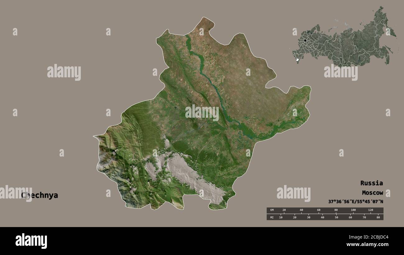 Forma della Cecenia, repubblica di Russia, con la sua capitale isolata su solido sfondo. Scala della distanza, anteprima della regione ed etichette. Immagini satellitari. 3D Foto Stock