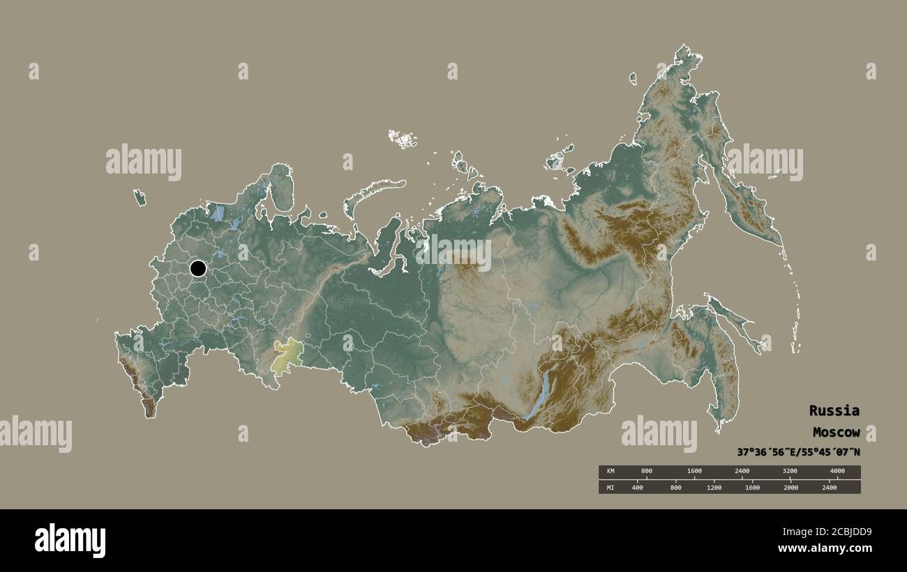 Forma desaturata della Russia con la sua capitale, la principale divisione regionale e l'area separata di Chelyabinsk. Etichette. Mappa di rilievo topografico. Rendering 3D Foto Stock