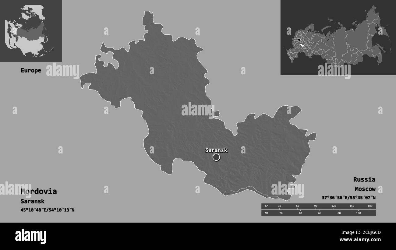 Forma di Mordovia, repubblica di Russia, e la sua capitale. Scala della distanza, anteprime ed etichette. Mappa elevazione bilivello. Rendering 3D Foto Stock