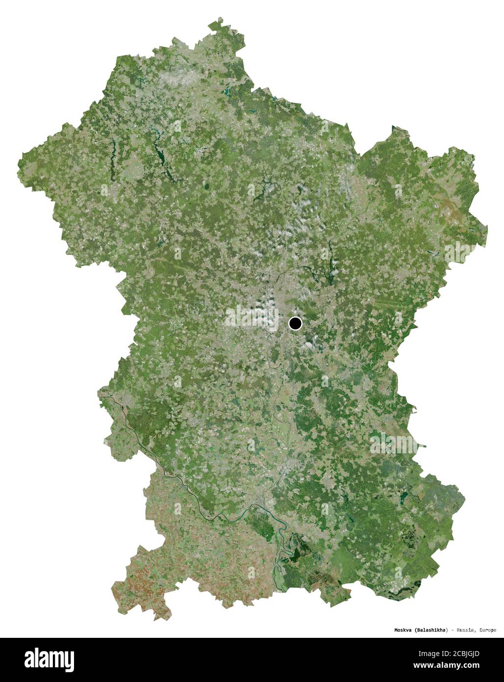 Forma di Moskva, regione della Russia, con la sua capitale isolata su sfondo bianco. Immagini satellitari. Rendering 3D Foto Stock
