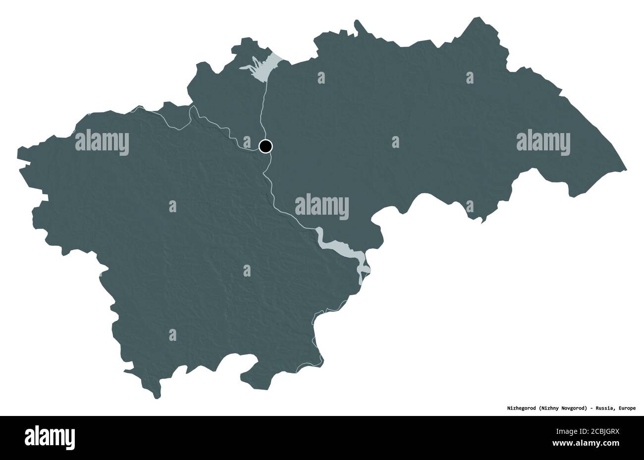 Forma di Nizhegorod, regione della Russia, con la sua capitale isolata su sfondo bianco. Mappa di elevazione colorata. Rendering 3D Foto Stock