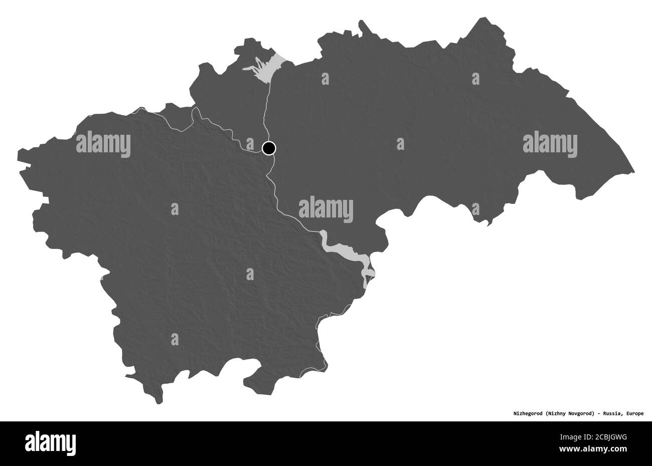 Forma di Nizhegorod, regione della Russia, con la sua capitale isolata su sfondo bianco. Mappa elevazione bilivello. Rendering 3D Foto Stock