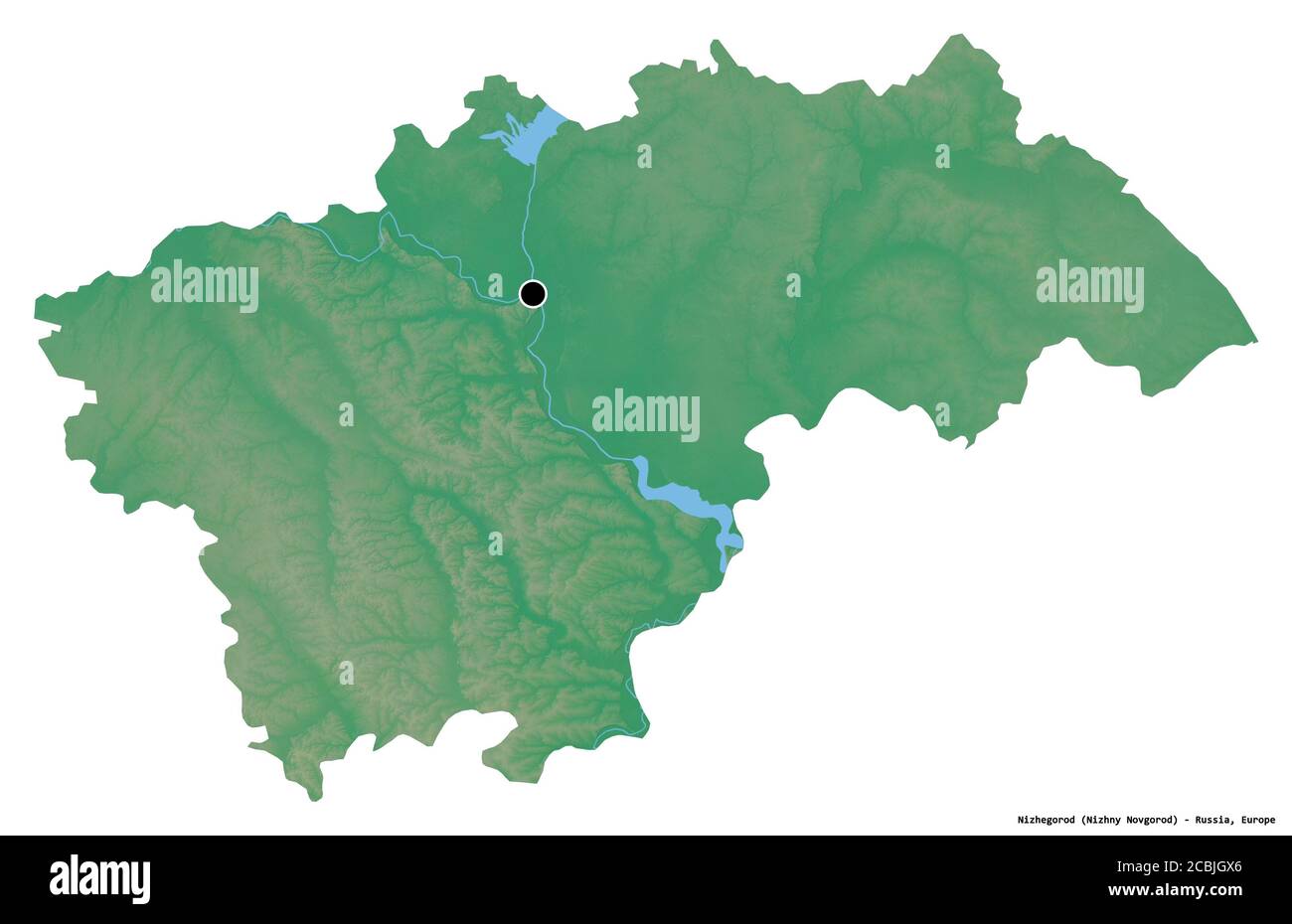 Forma di Nizhegorod, regione della Russia, con la sua capitale isolata su sfondo bianco. Mappa di rilievo topografico. Rendering 3D Foto Stock