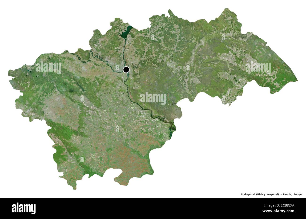 Forma di Nizhegorod, regione della Russia, con la sua capitale isolata su sfondo bianco. Immagini satellitari. Rendering 3D Foto Stock