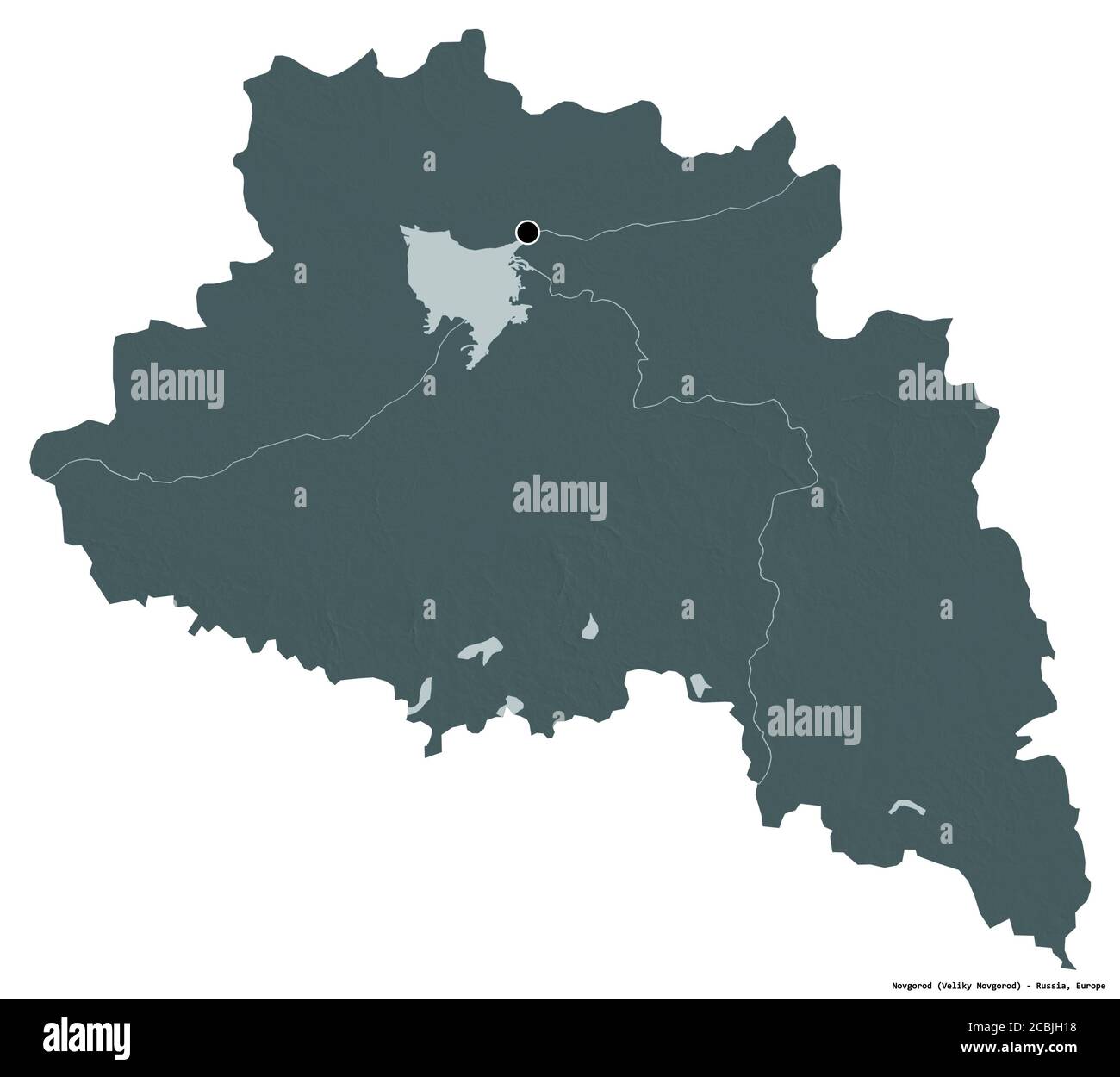 Forma di Novgorod, regione della Russia, con la sua capitale isolata su sfondo bianco. Mappa di elevazione colorata. Rendering 3D Foto Stock
