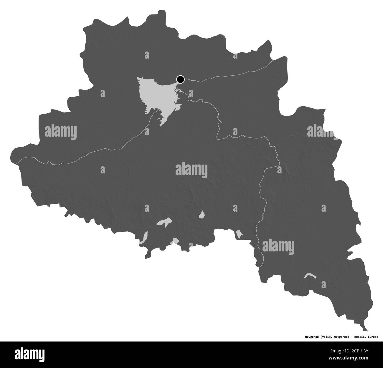 Forma di Novgorod, regione della Russia, con la sua capitale isolata su sfondo bianco. Mappa elevazione bilivello. Rendering 3D Foto Stock