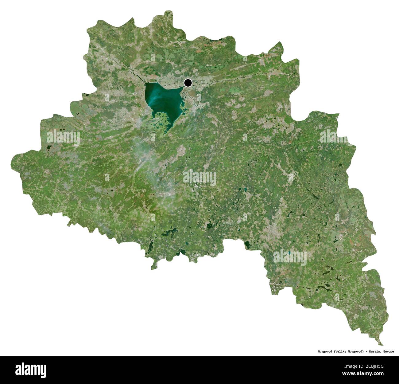 Forma di Novgorod, regione della Russia, con la sua capitale isolata su sfondo bianco. Immagini satellitari. Rendering 3D Foto Stock