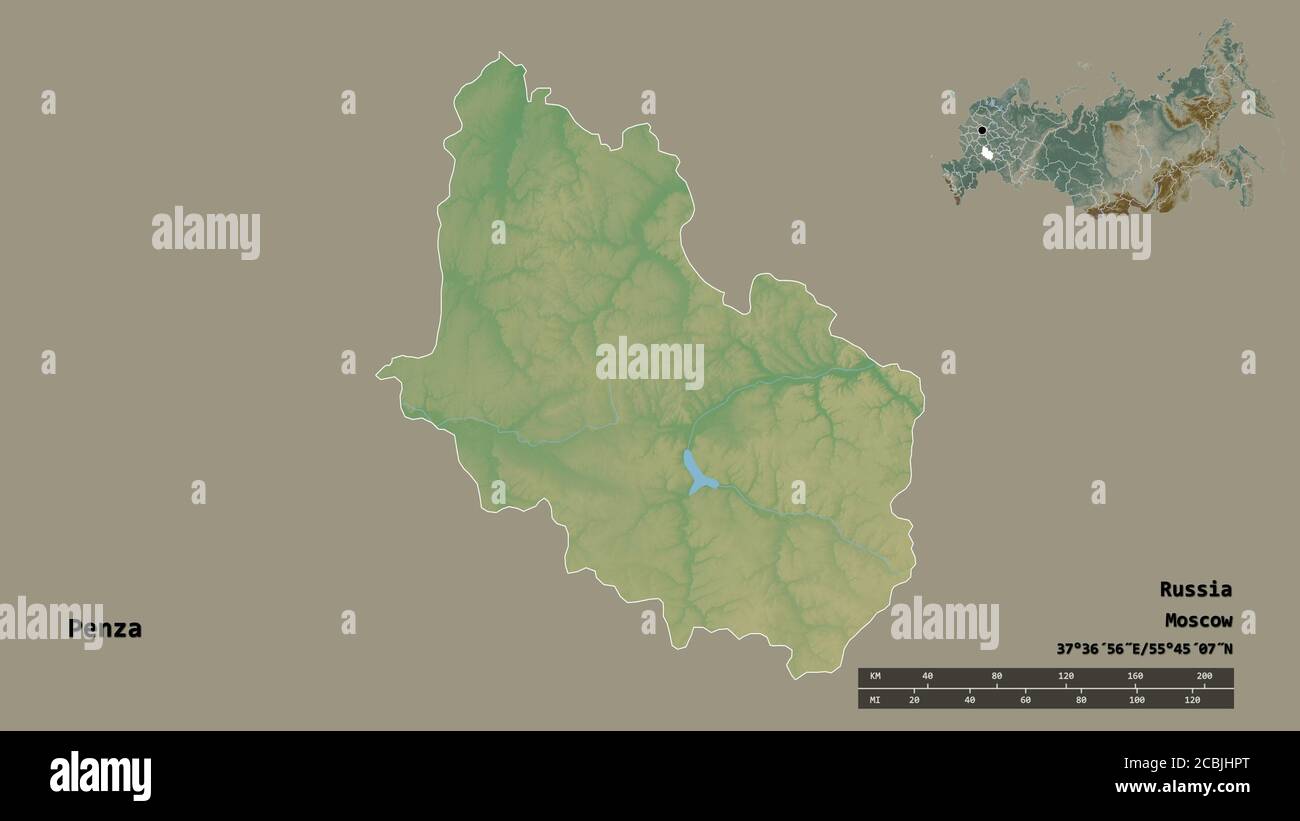 Forma di Penza, regione della Russia, con la sua capitale isolata su solido sfondo. Scala della distanza, anteprima della regione ed etichette. Mappa di rilievo topografico. 3D Foto Stock