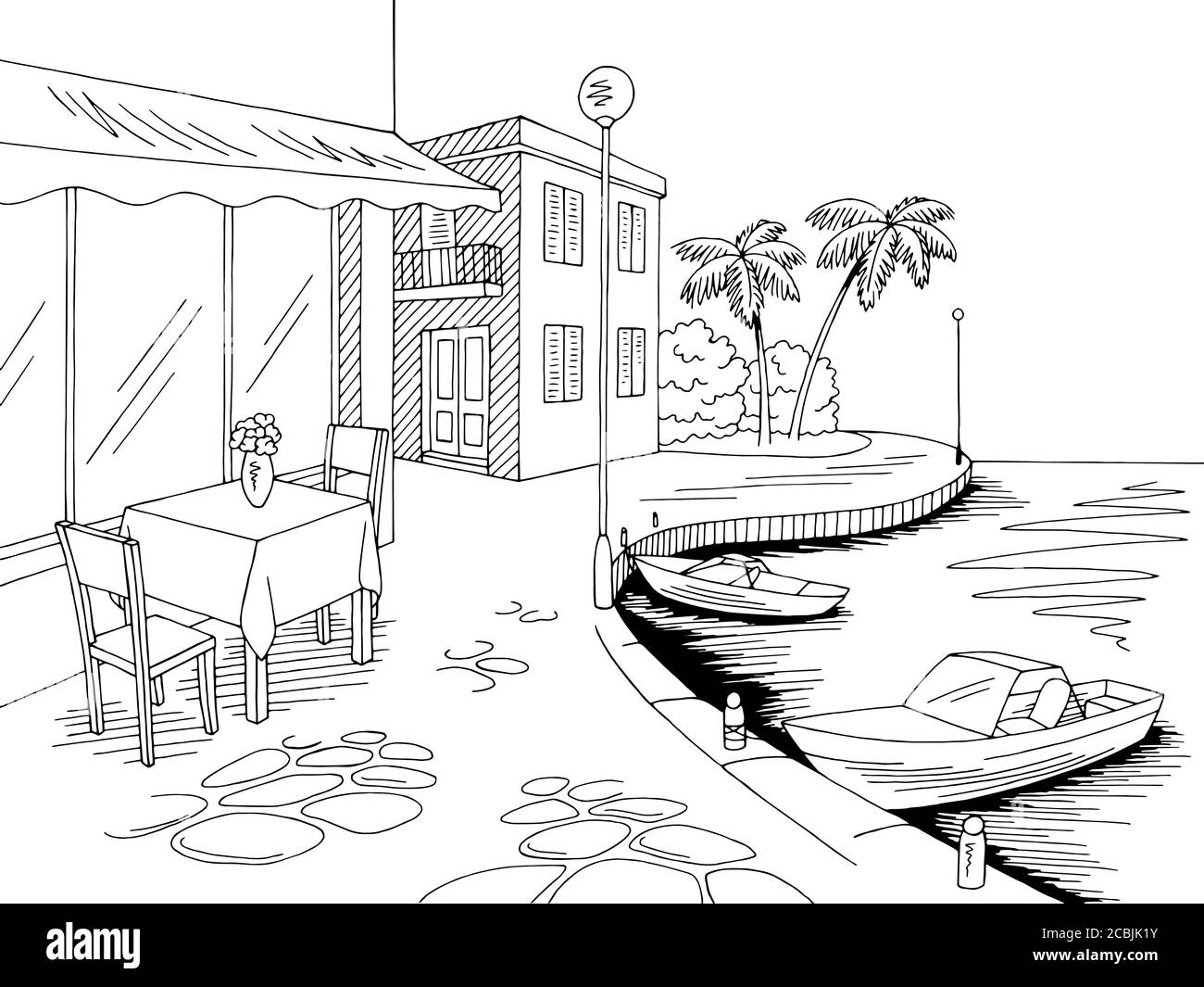 Lungomare molo caffè grafico baia mare nero bianco paesaggio schizzo vettore di illustrazione Illustrazione Vettoriale