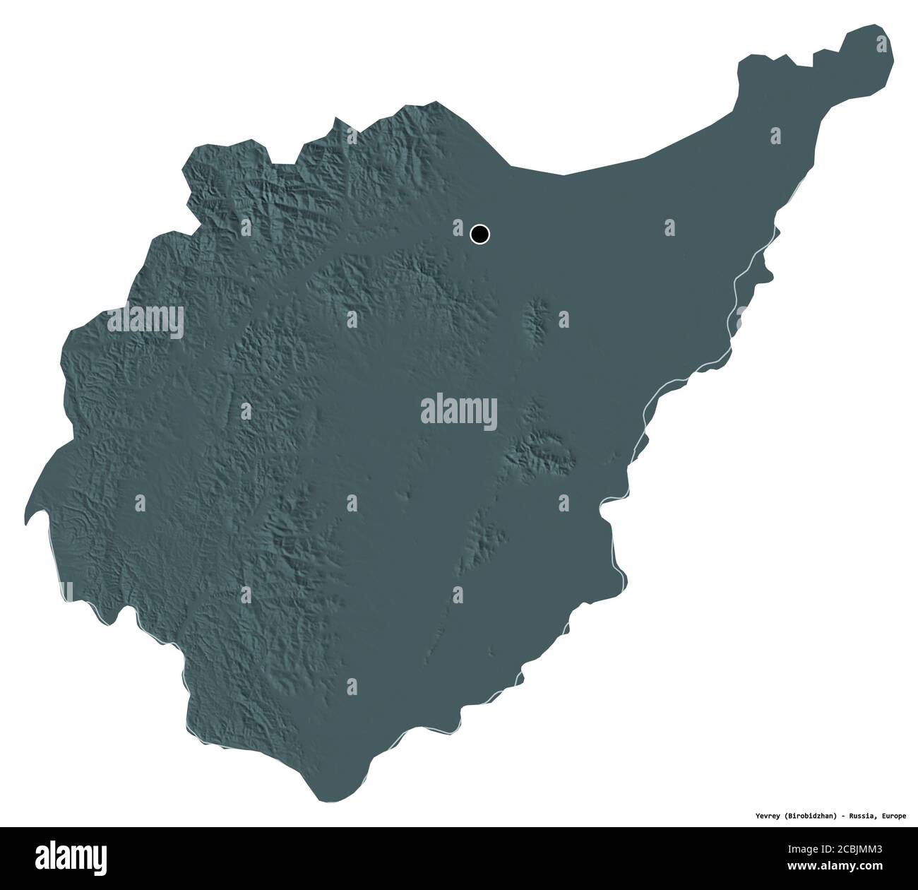 Forma di Yevrey, regione autonoma della Russia, con la sua capitale isolata su sfondo bianco. Mappa di elevazione colorata. Rendering 3D Foto Stock