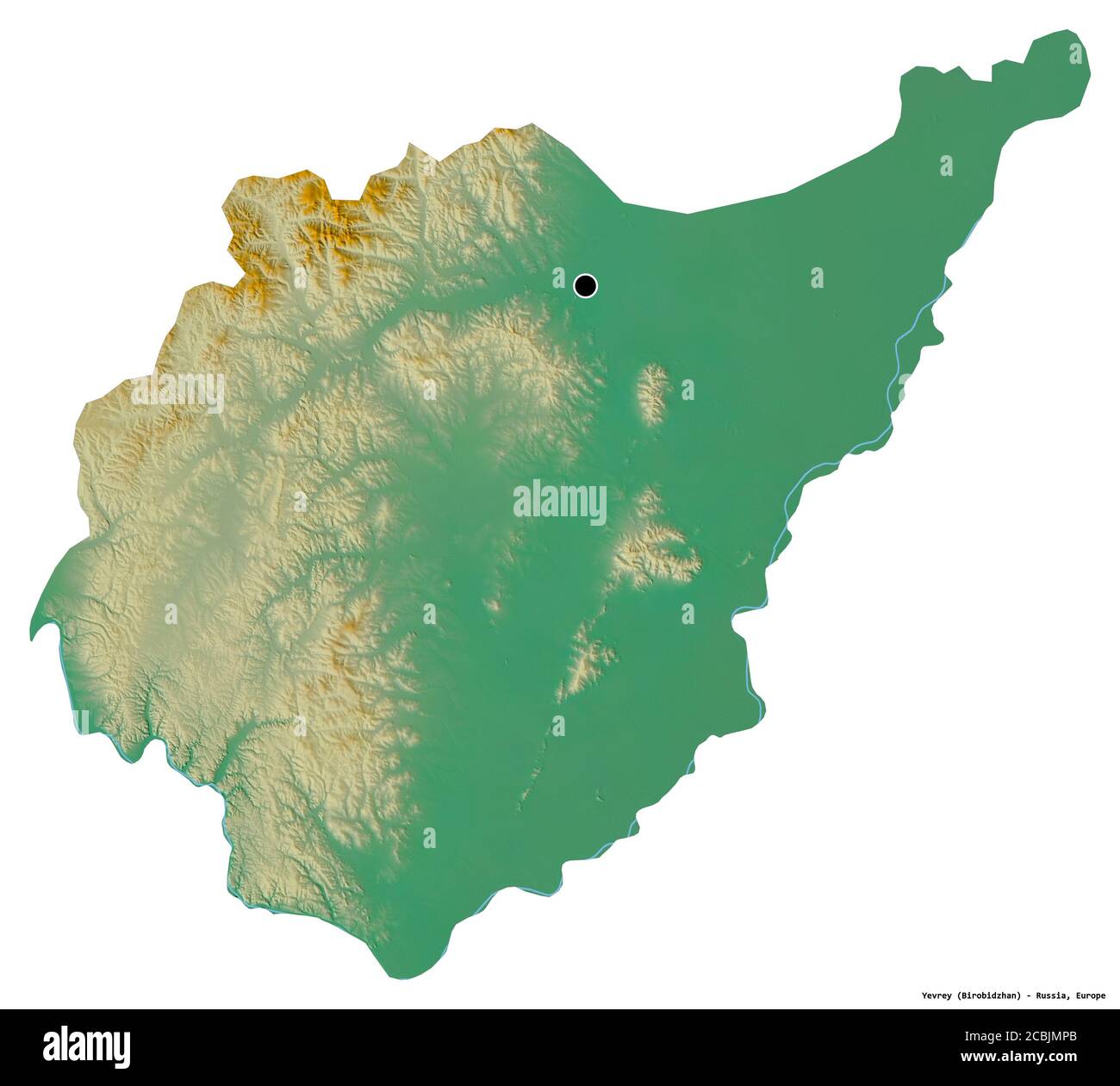 Forma di Yevrey, regione autonoma della Russia, con la sua capitale isolata su sfondo bianco. Mappa di rilievo topografico. Rendering 3D Foto Stock