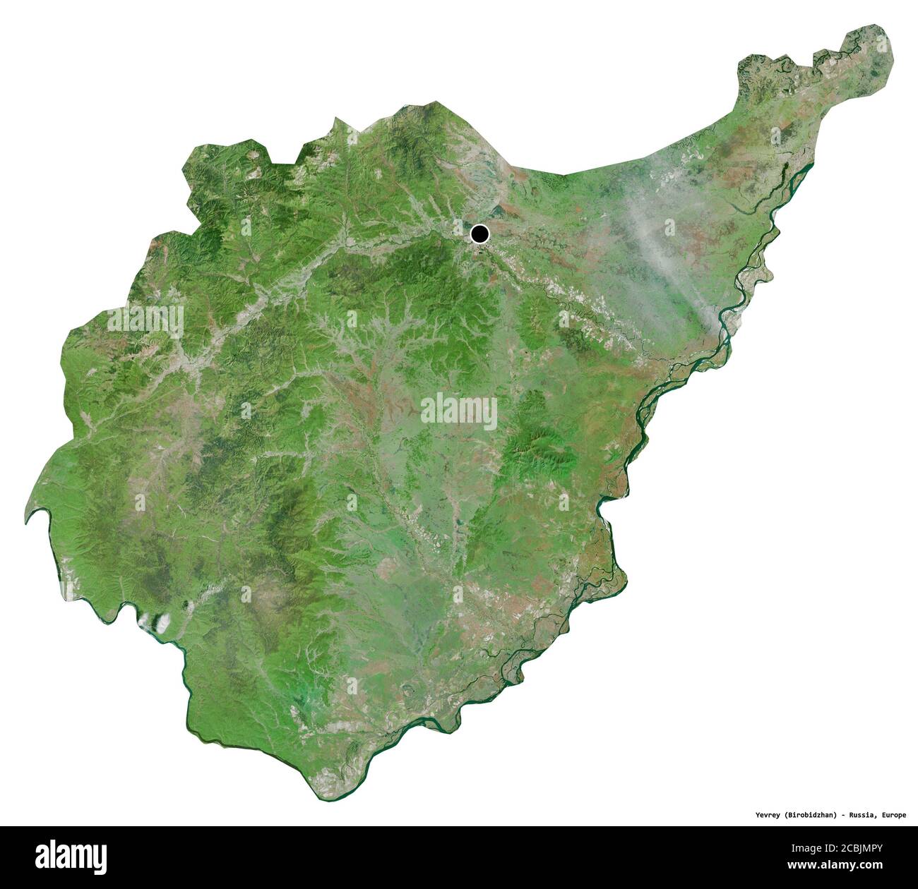 Forma di Yevrey, regione autonoma della Russia, con la sua capitale isolata su sfondo bianco. Immagini satellitari. Rendering 3D Foto Stock