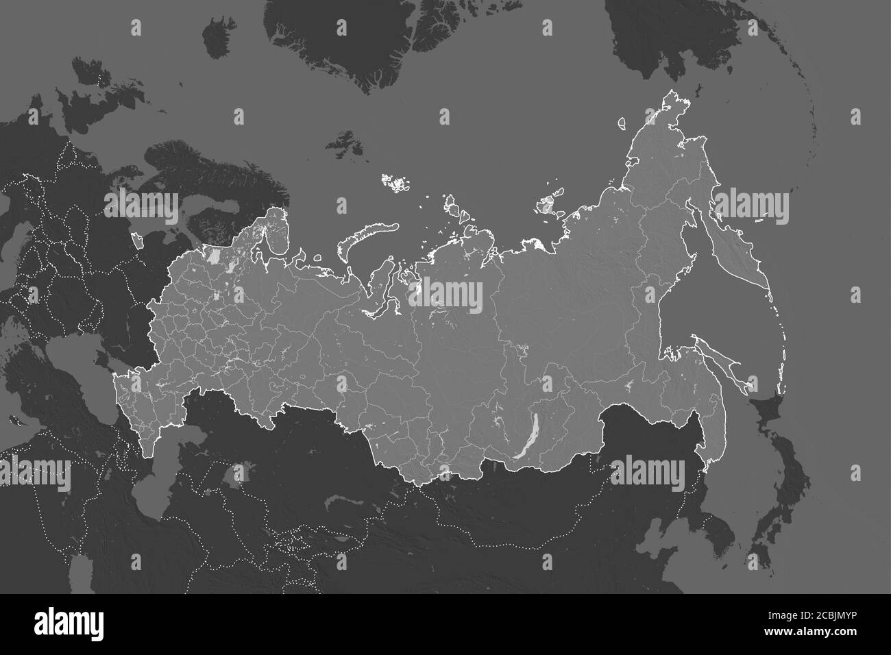 Forma della Russia separata dalla desaturazione delle aree limitrofe. Bordi. Mappa elevazione bilivello. Rendering 3D Foto Stock