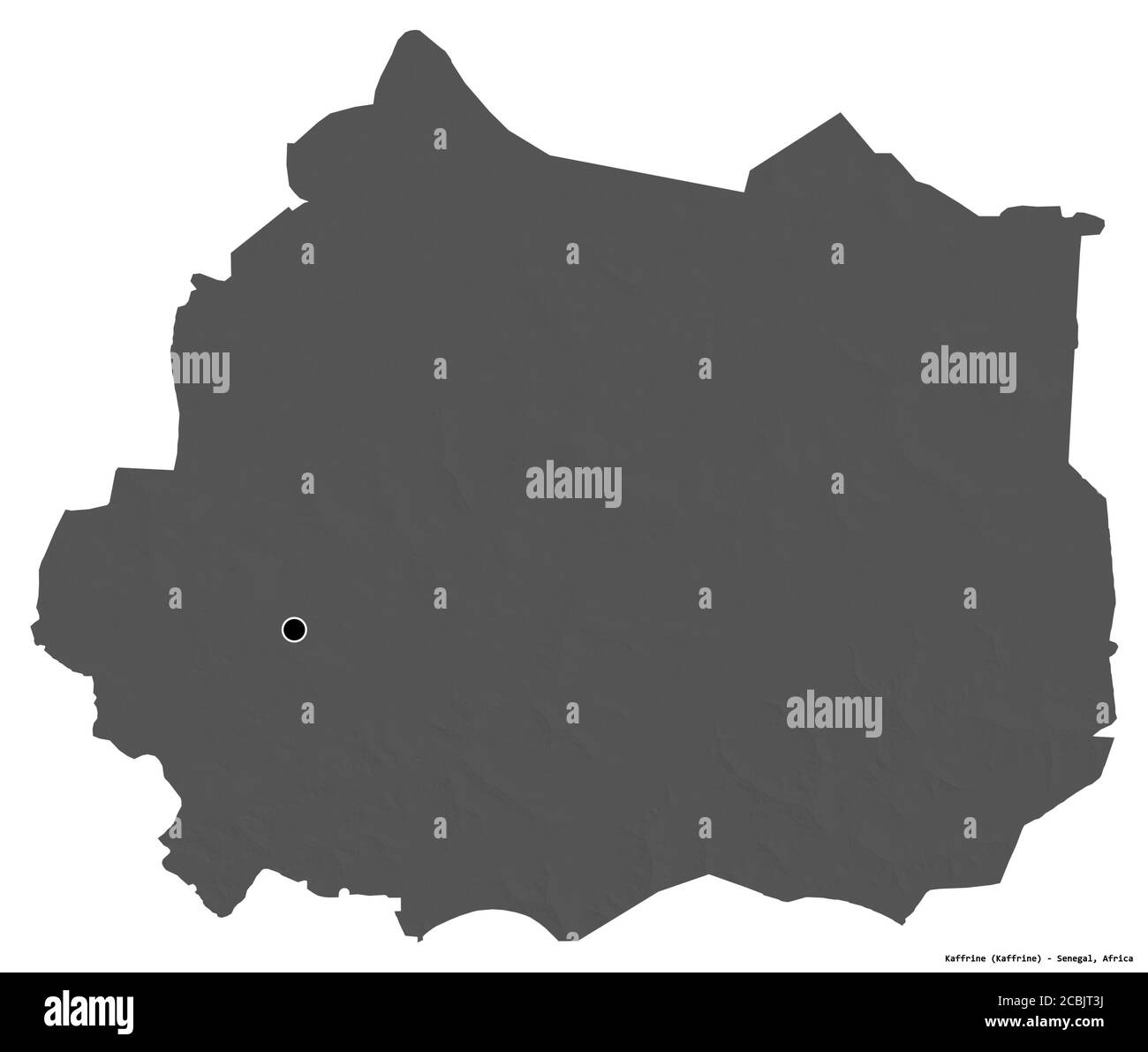 Forma di Kaffrine, regione del Senegal, con la sua capitale isolata su sfondo bianco. Mappa elevazione bilivello. Rendering 3D Foto Stock