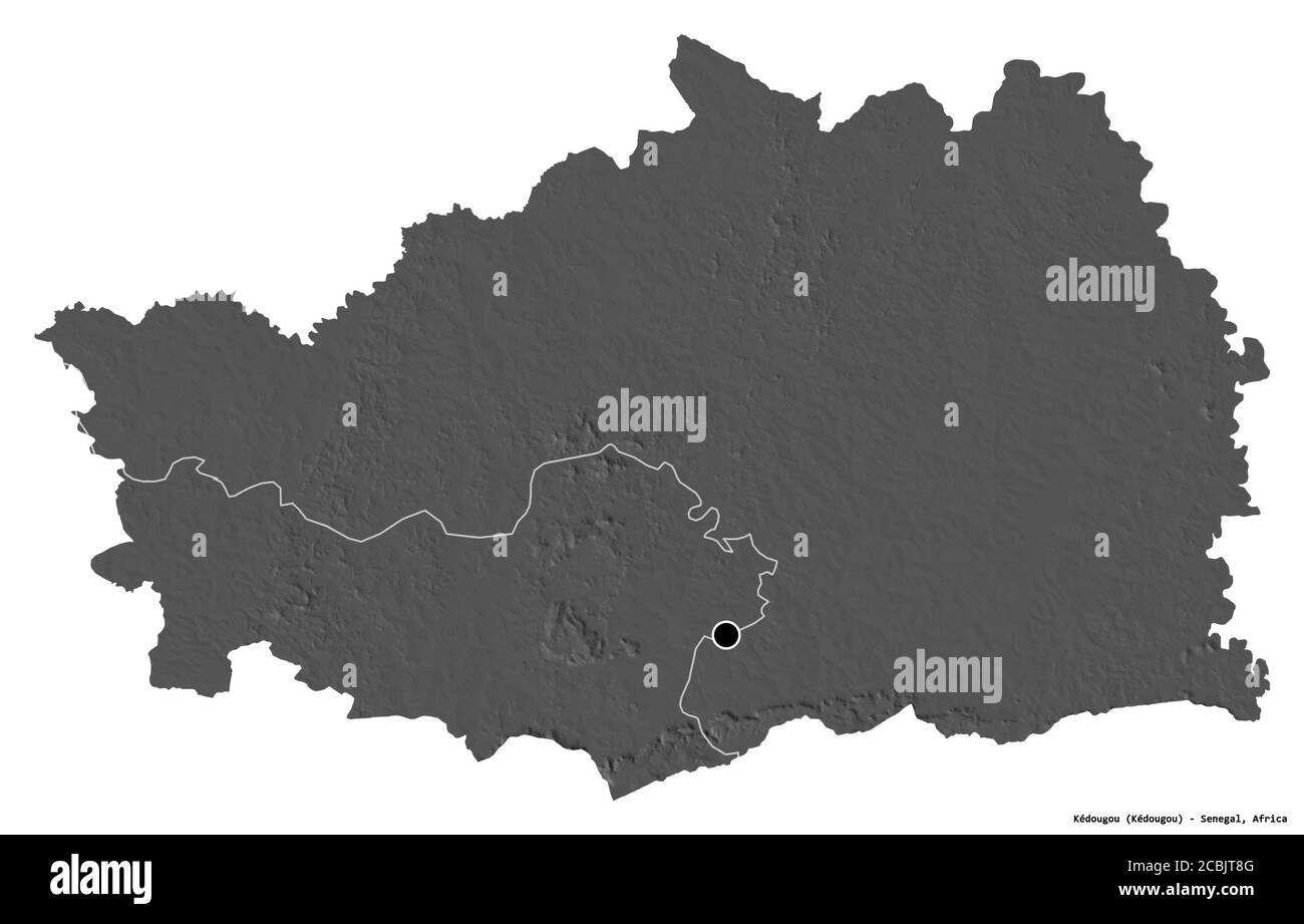 Forma di Kédougou, regione del Senegal, con la sua capitale isolata su sfondo bianco. Mappa elevazione bilivello. Rendering 3D Foto Stock