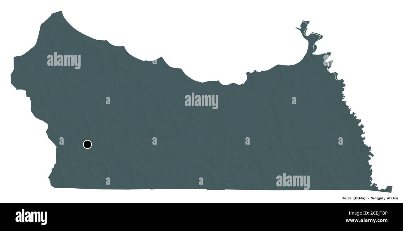 Forma di Kolda, regione del Senegal, con la sua capitale isolata su sfondo bianco. Mappa di elevazione colorata. Rendering 3D Foto Stock