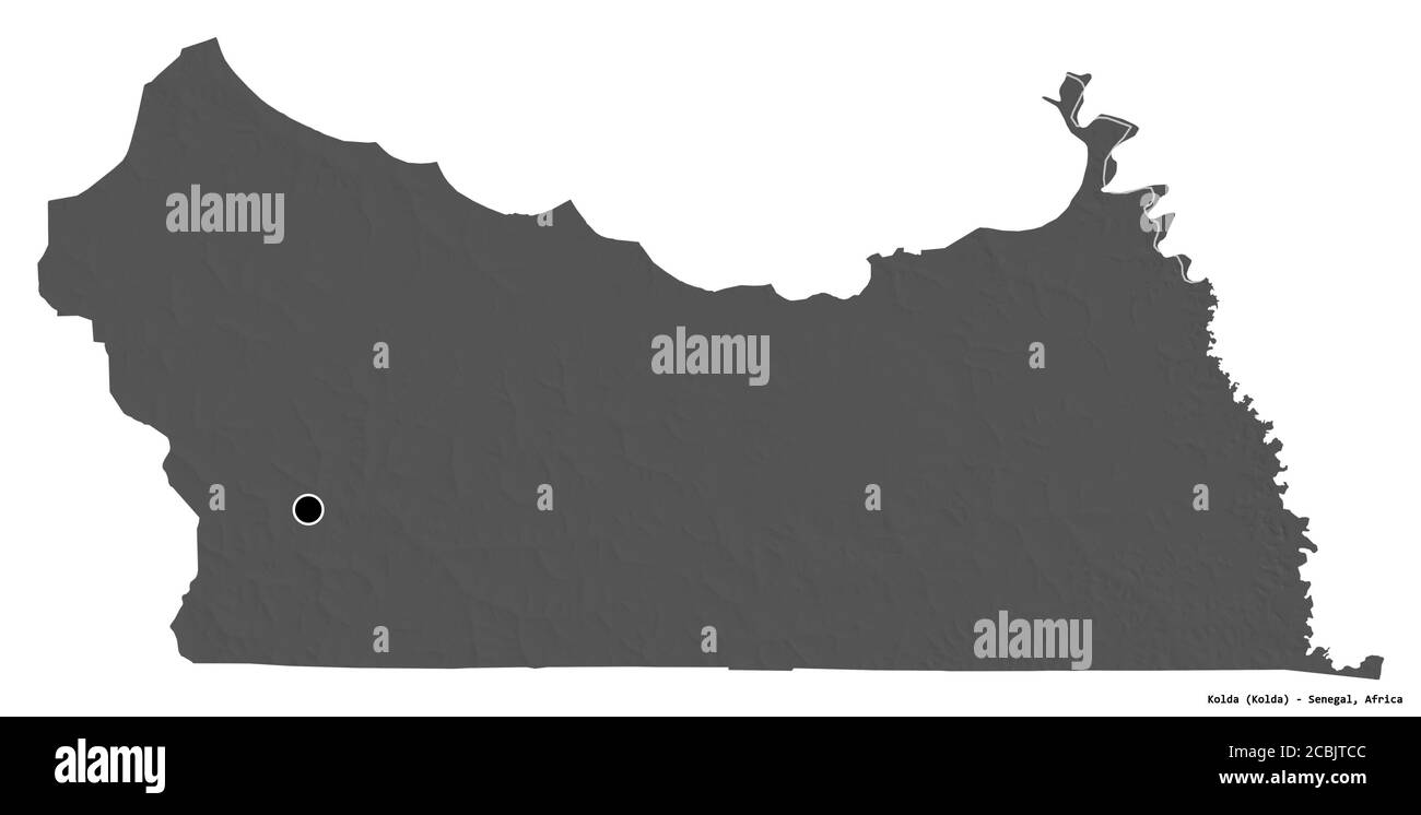 Forma di Kolda, regione del Senegal, con la sua capitale isolata su sfondo bianco. Mappa elevazione bilivello. Rendering 3D Foto Stock