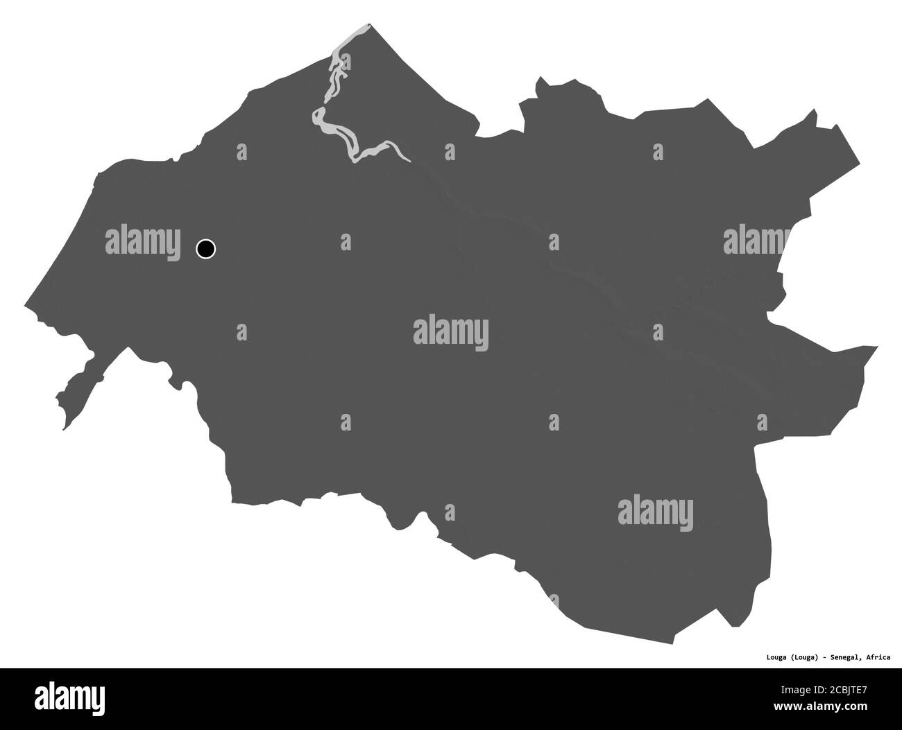 Forma di Louga, regione del Senegal, con la sua capitale isolata su sfondo bianco. Mappa elevazione bilivello. Rendering 3D Foto Stock