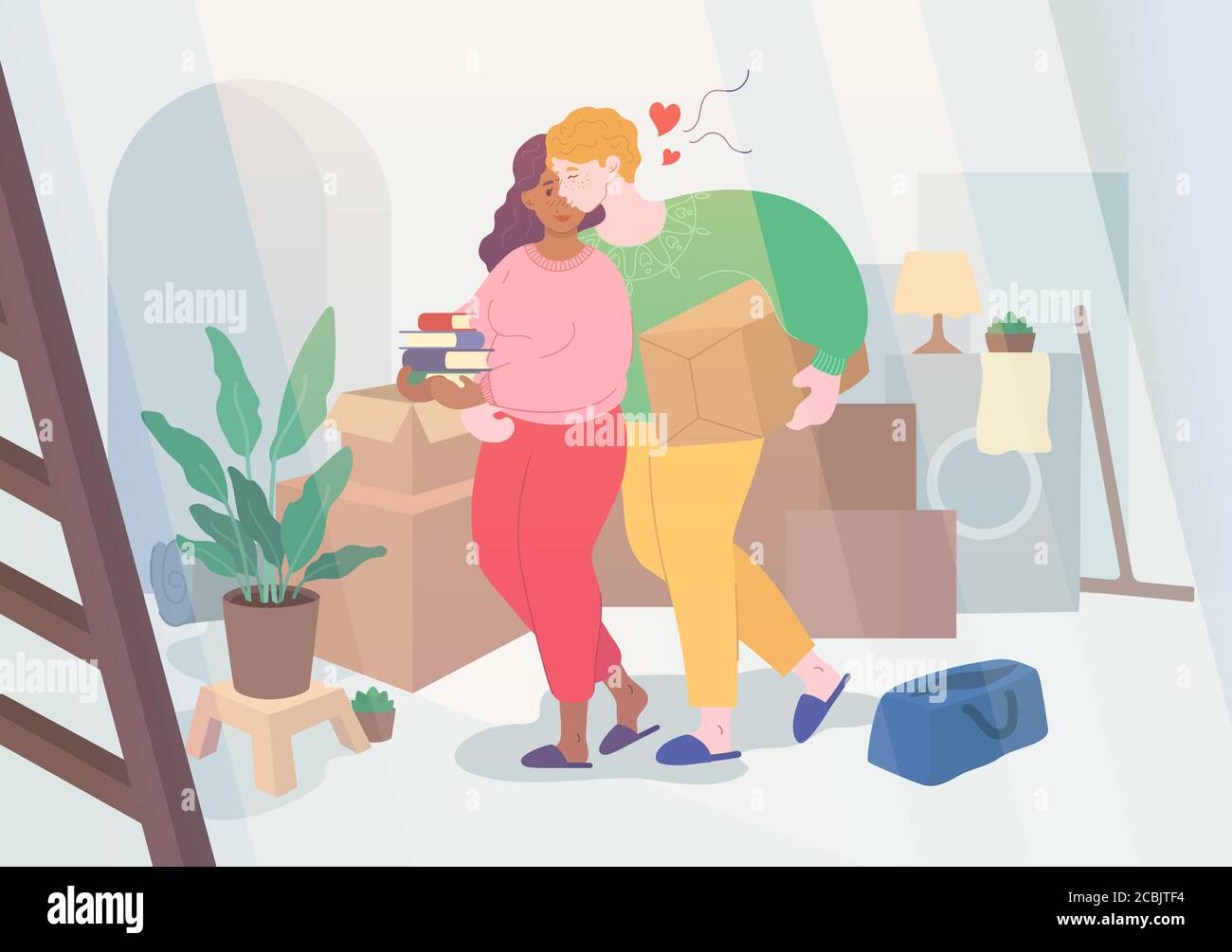 Nuova abitazione, passare al nuovo concetto accogliente appartamento. Coppia sposata che impacchettano gli effetti personali con il bacio quotidiano Illustrazione Vettoriale