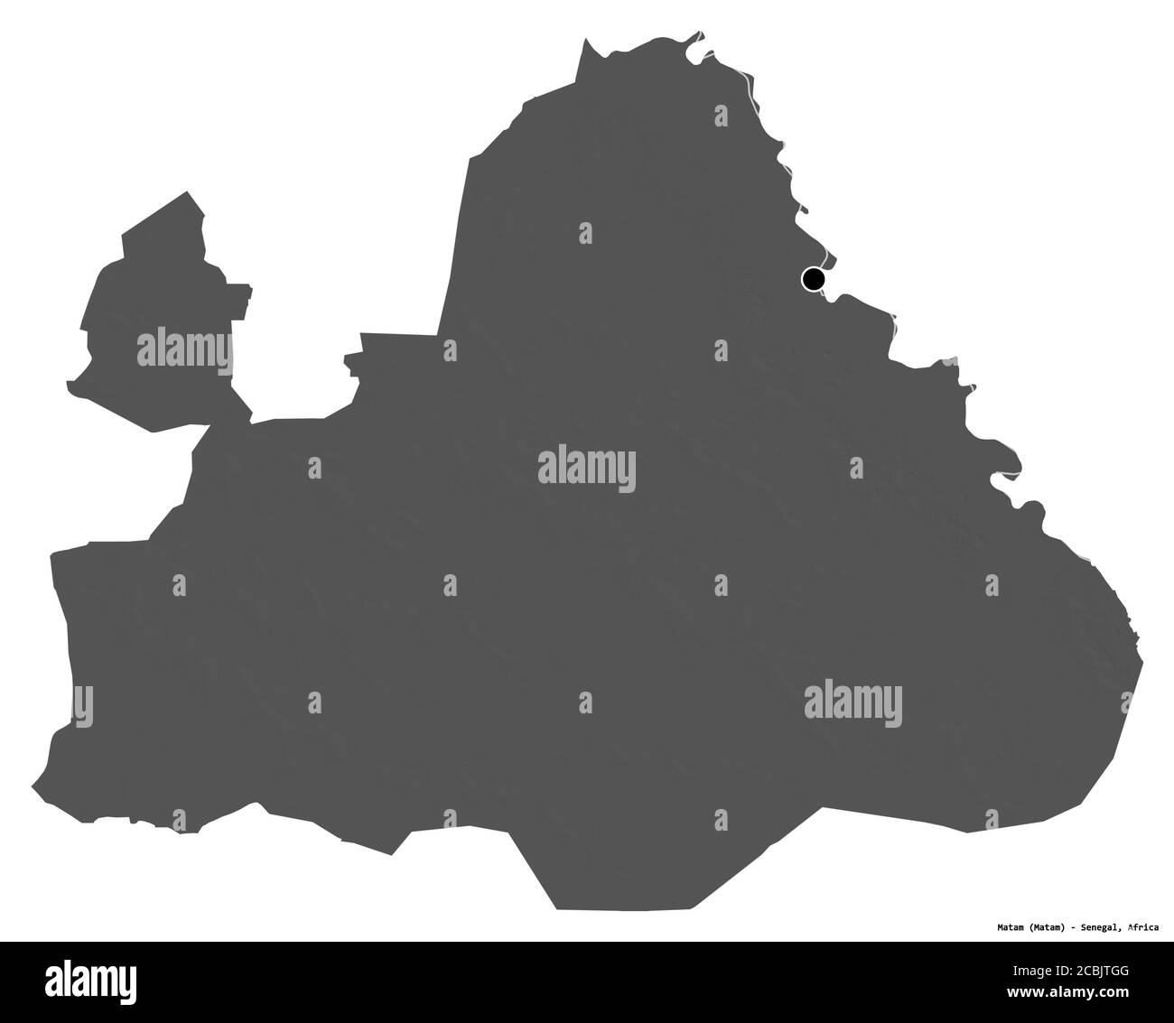 Forma di Matam, regione del Senegal, con la sua capitale isolata su sfondo bianco. Mappa elevazione bilivello. Rendering 3D Foto Stock