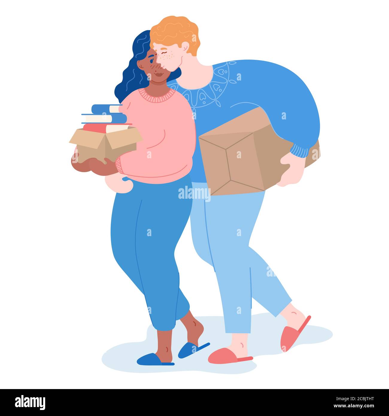 Uomo e donna imballano gli effetti personali, abbracciando e baciando. Trasferimento di coppia sposata. Nuova abitazione, riscaldamento domestico, trasferimento a nuovo appartamento Illustrazione Vettoriale