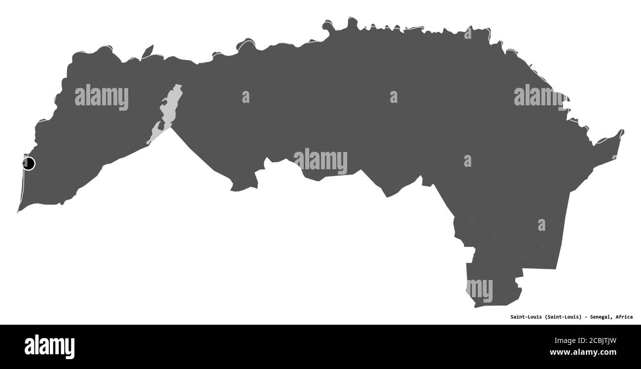 Forma di Saint-Louis, regione del Senegal, con la sua capitale isolata su sfondo bianco. Mappa elevazione bilivello. Rendering 3D Foto Stock