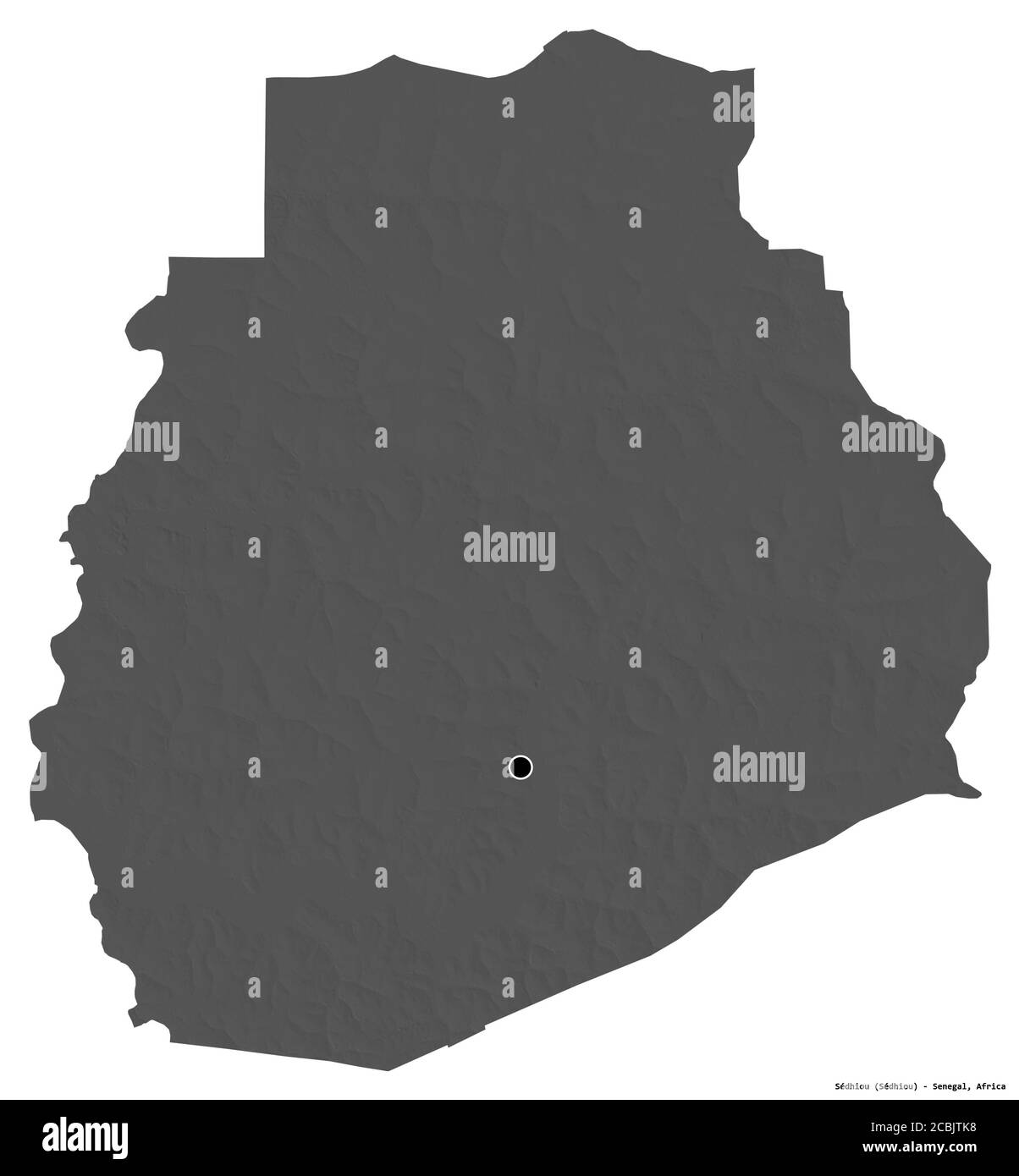 Forma di Sédhiou, regione del Senegal, con la sua capitale isolata su sfondo bianco. Mappa elevazione bilivello. Rendering 3D Foto Stock