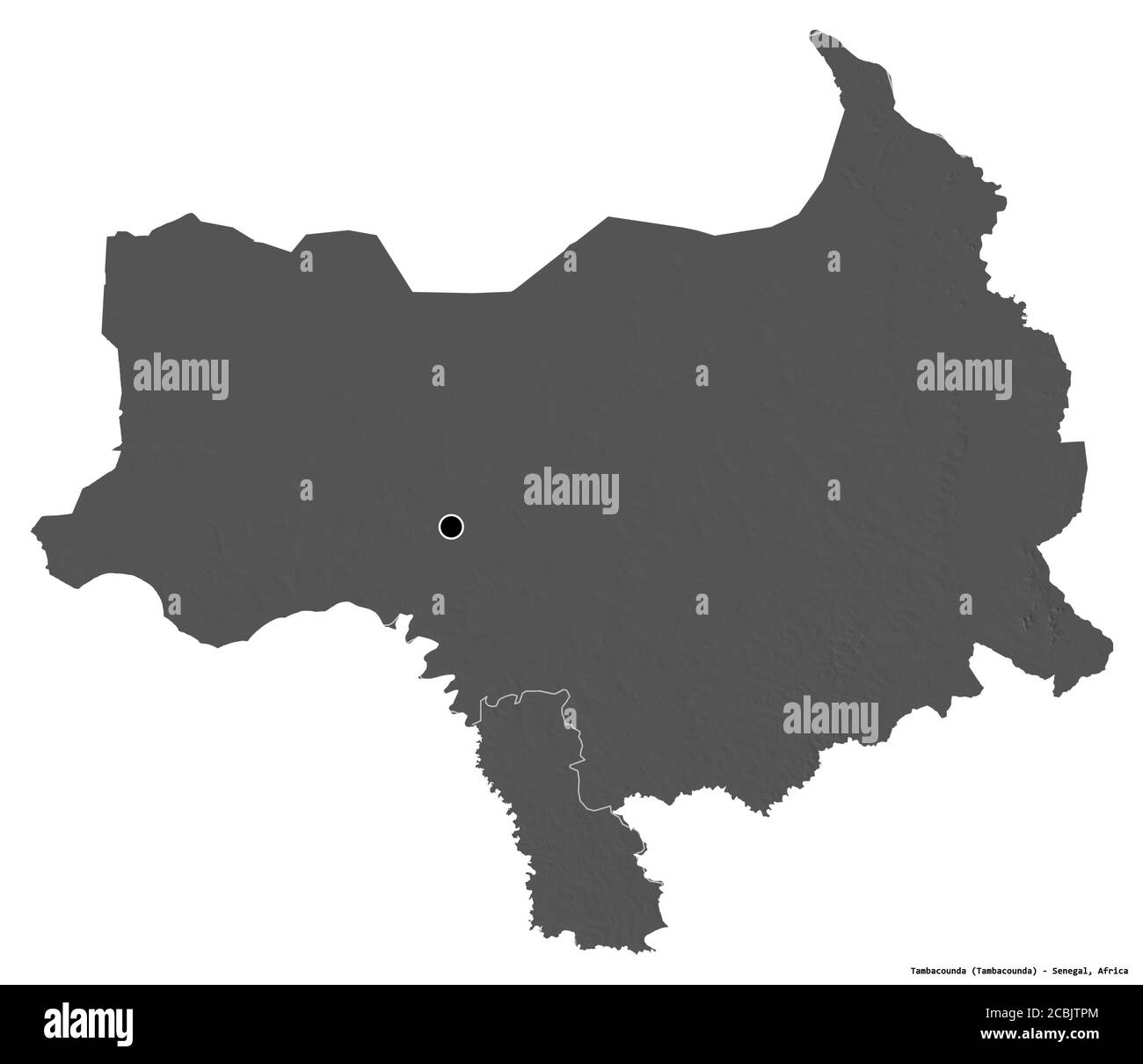 Forma di Tambacounda, regione del Senegal, con la sua capitale isolata su sfondo bianco. Mappa elevazione bilivello. Rendering 3D Foto Stock
