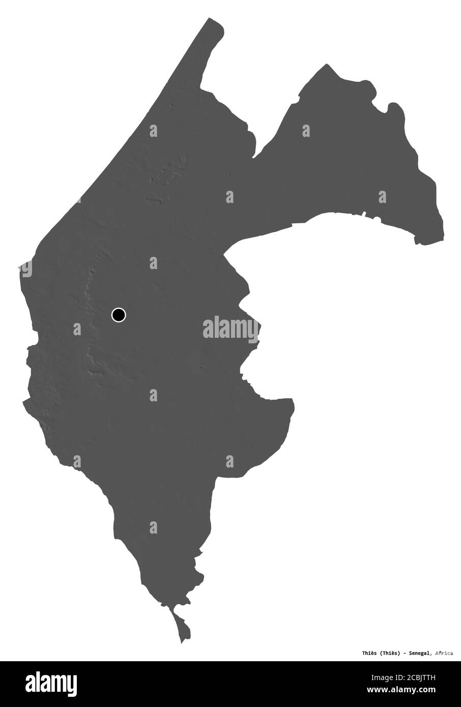 Forma di Thiès, regione del Senegal, con la sua capitale isolata su sfondo bianco. Mappa elevazione bilivello. Rendering 3D Foto Stock