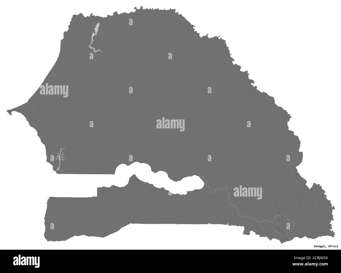 Forma del Senegal con la sua capitale isolata su sfondo bianco. Mappa elevazione bilivello. Rendering 3D Foto Stock