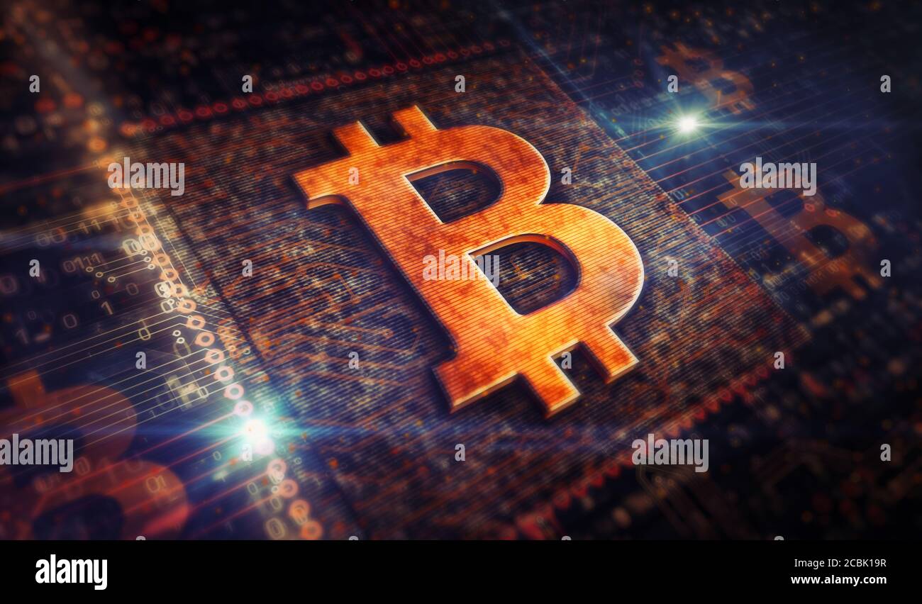 Bitcoin mining, tecnologia di criptovaluta, denaro virtuale, cyber business, blockchain, banking, economia e finanza digitale simboli metallici. Riepilogo con Foto Stock