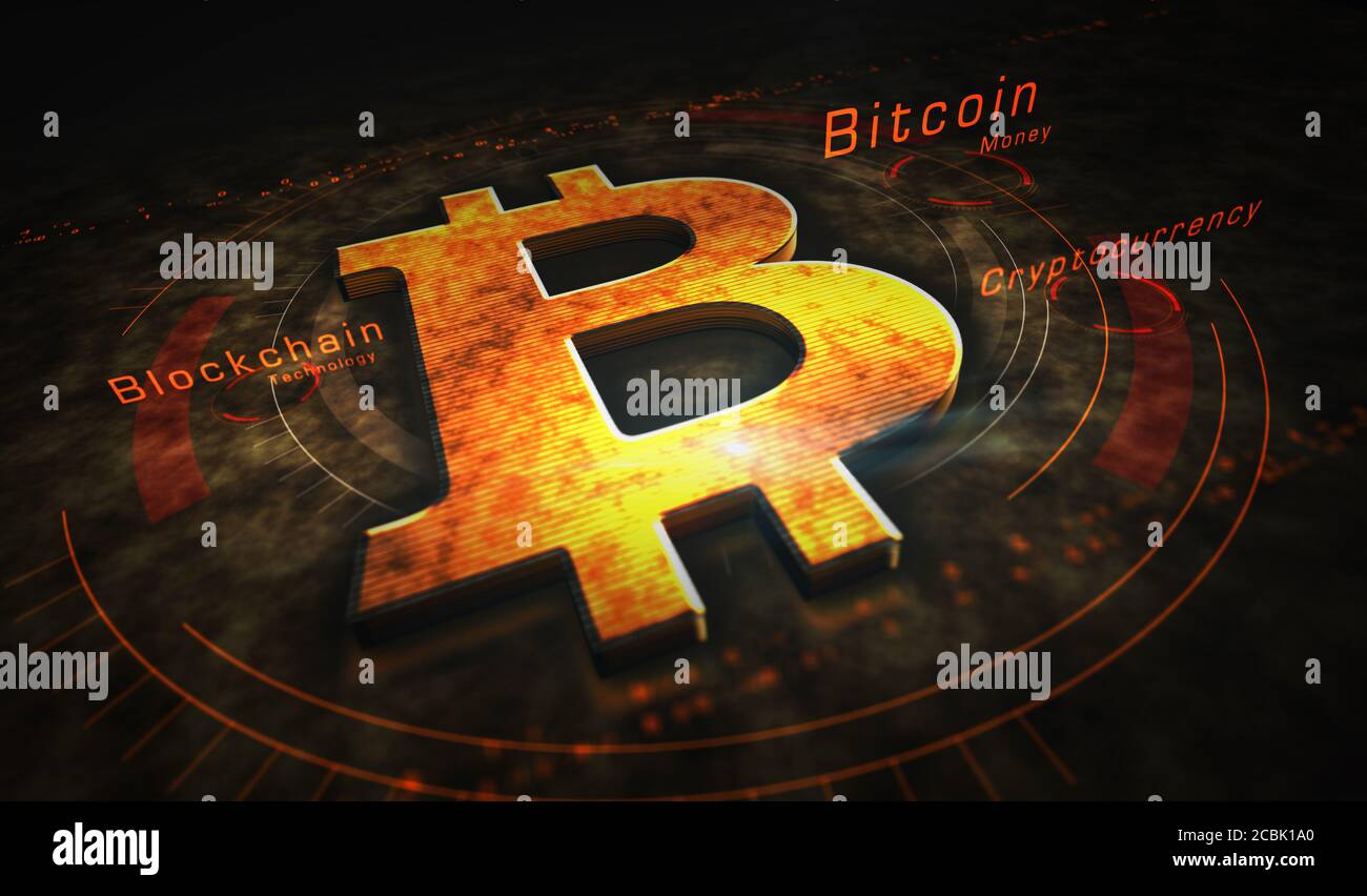 Bitcoin mining, blockchain, tecnologia di criptovaluta, denaro virtuale, cyber business, banking, economia e finanza digitale simboli metallici. Riepilogo con Foto Stock