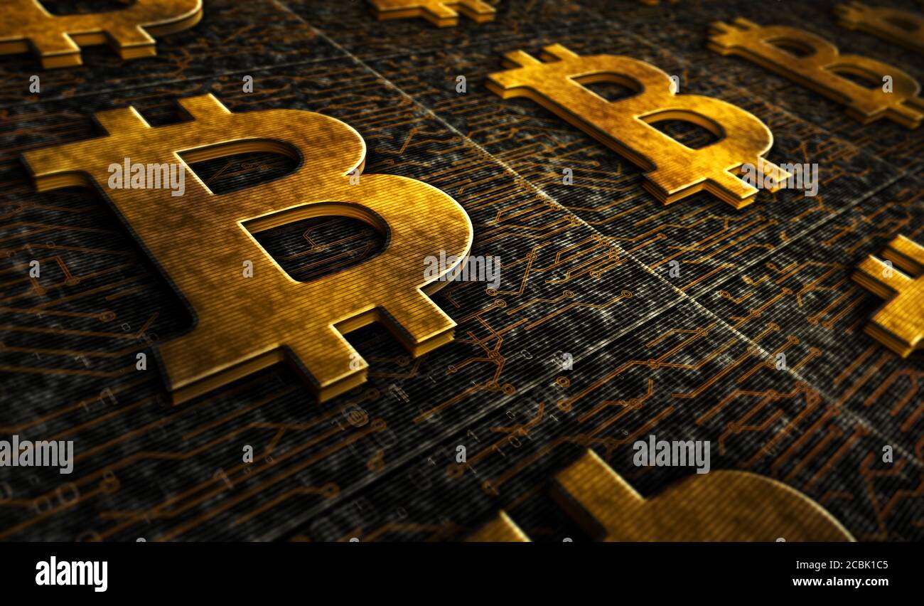 Bitcoin mining, blockchain, tecnologia di criptovaluta, denaro virtuale, cyber business, banking, economia e finanza digitale simboli metallici. Riepilogo con Foto Stock