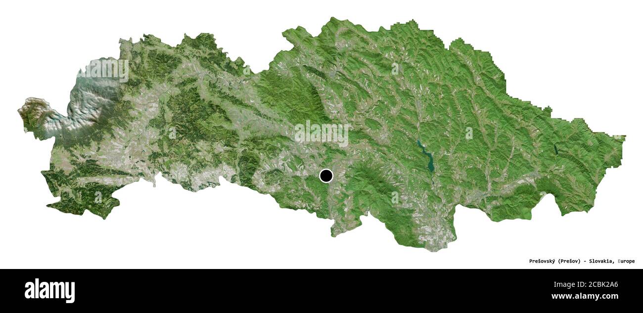 Forma di Prešovský, regione della Slovacchia, con la sua capitale isolata su sfondo bianco. Immagini satellitari. Rendering 3D Foto Stock