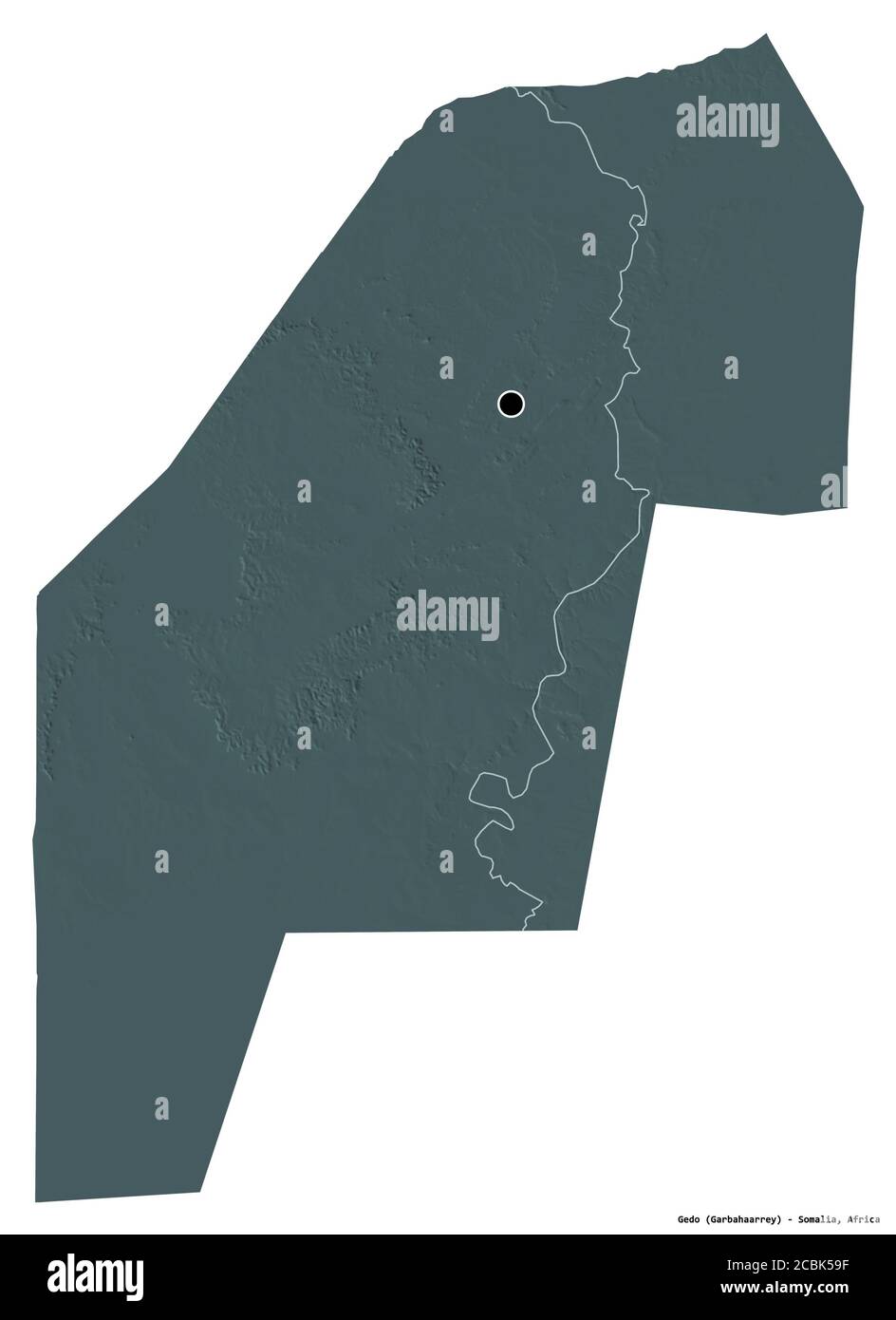 Forma di Gedo, regione della Somalia, con la sua capitale isolata su sfondo bianco. Mappa di elevazione colorata. Rendering 3D Foto Stock