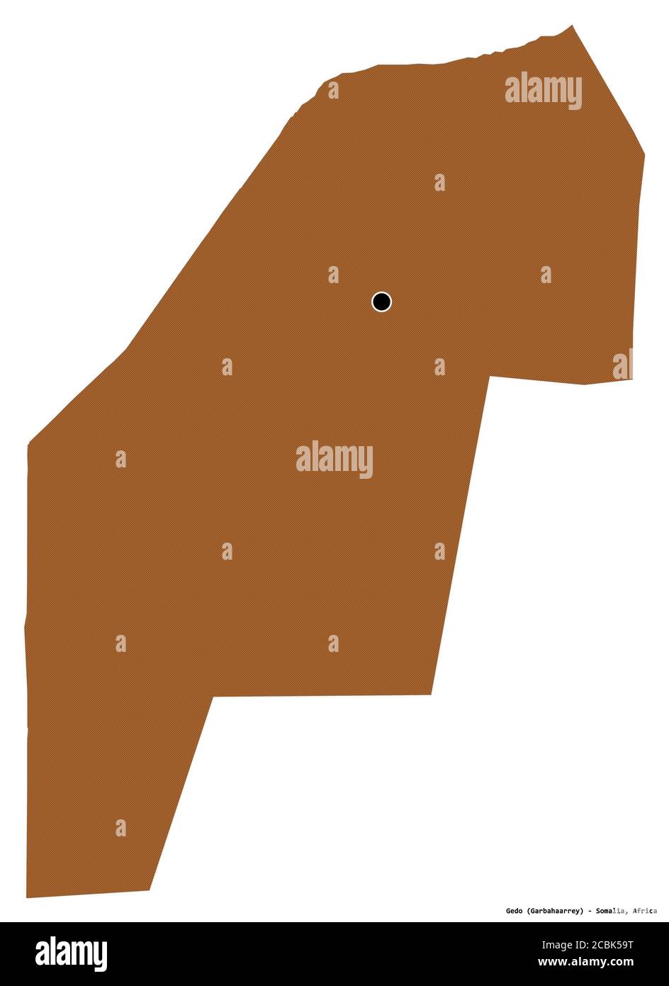 Forma di Gedo, regione della Somalia, con la sua capitale isolata su sfondo bianco. Composizione di texture con motivi. Rendering 3D Foto Stock