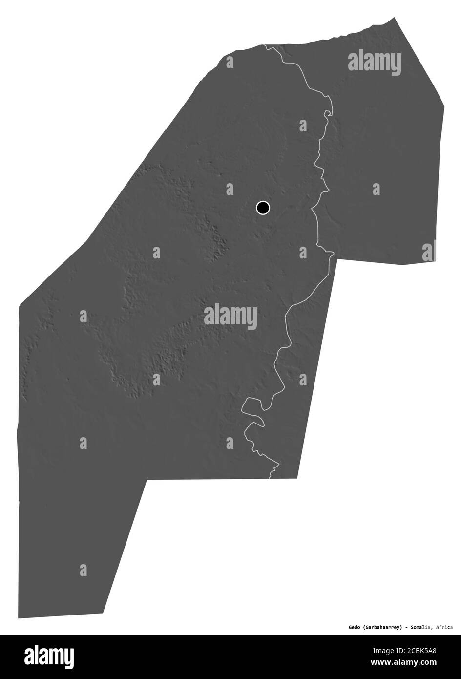 Forma di Gedo, regione della Somalia, con la sua capitale isolata su sfondo bianco. Mappa elevazione bilivello. Rendering 3D Foto Stock